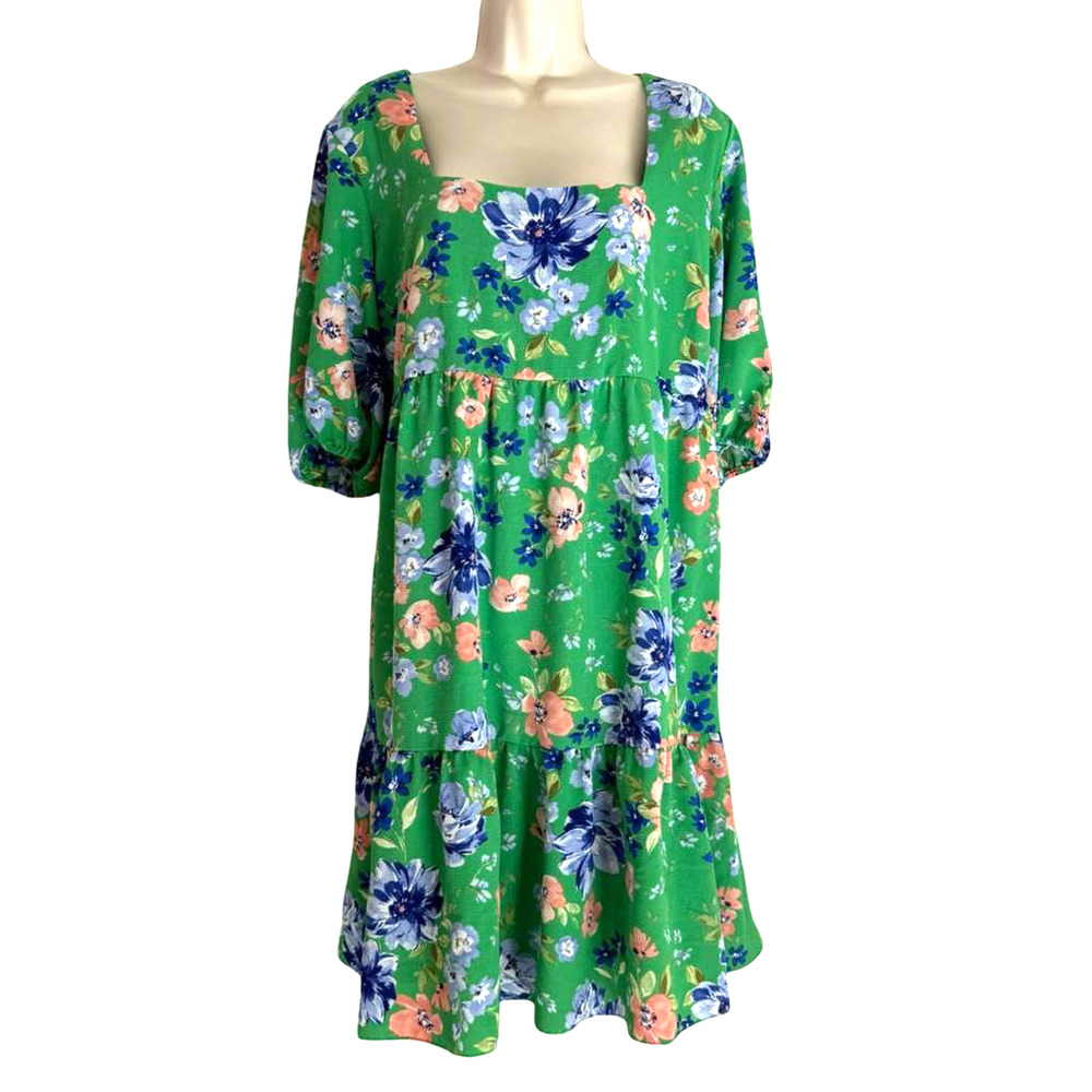 BCBG Paris Womens Puff Sleeve Green Floral Square Neck Summer Babydoll Dress XXL